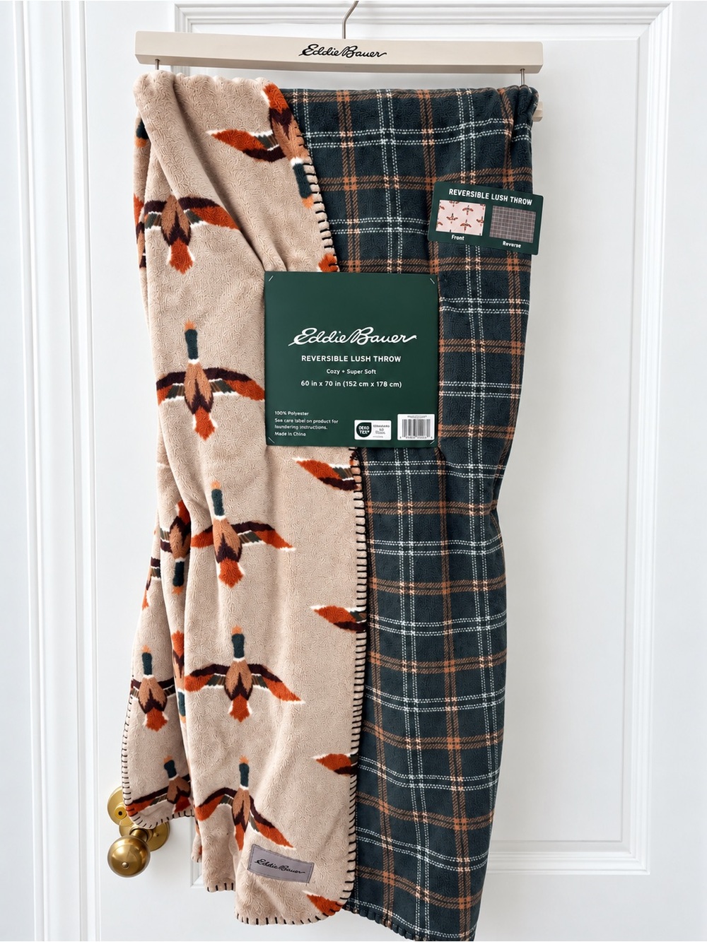 Eddie Bauer MALLARD DUCK Reversible Green PLAID Lush Plush Throw Blanket NWT